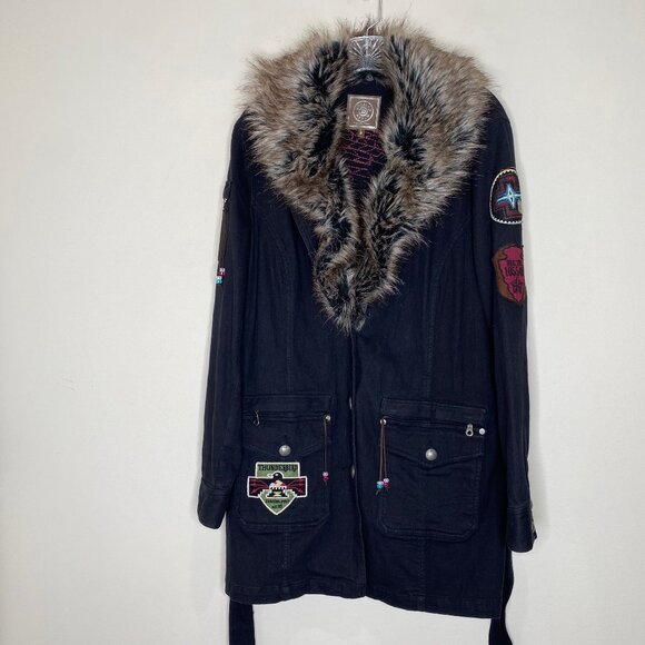 Double D Ranch Long Denim Jacket Embroidered Native American Faux Fur Trim L - Picture 2 of 12